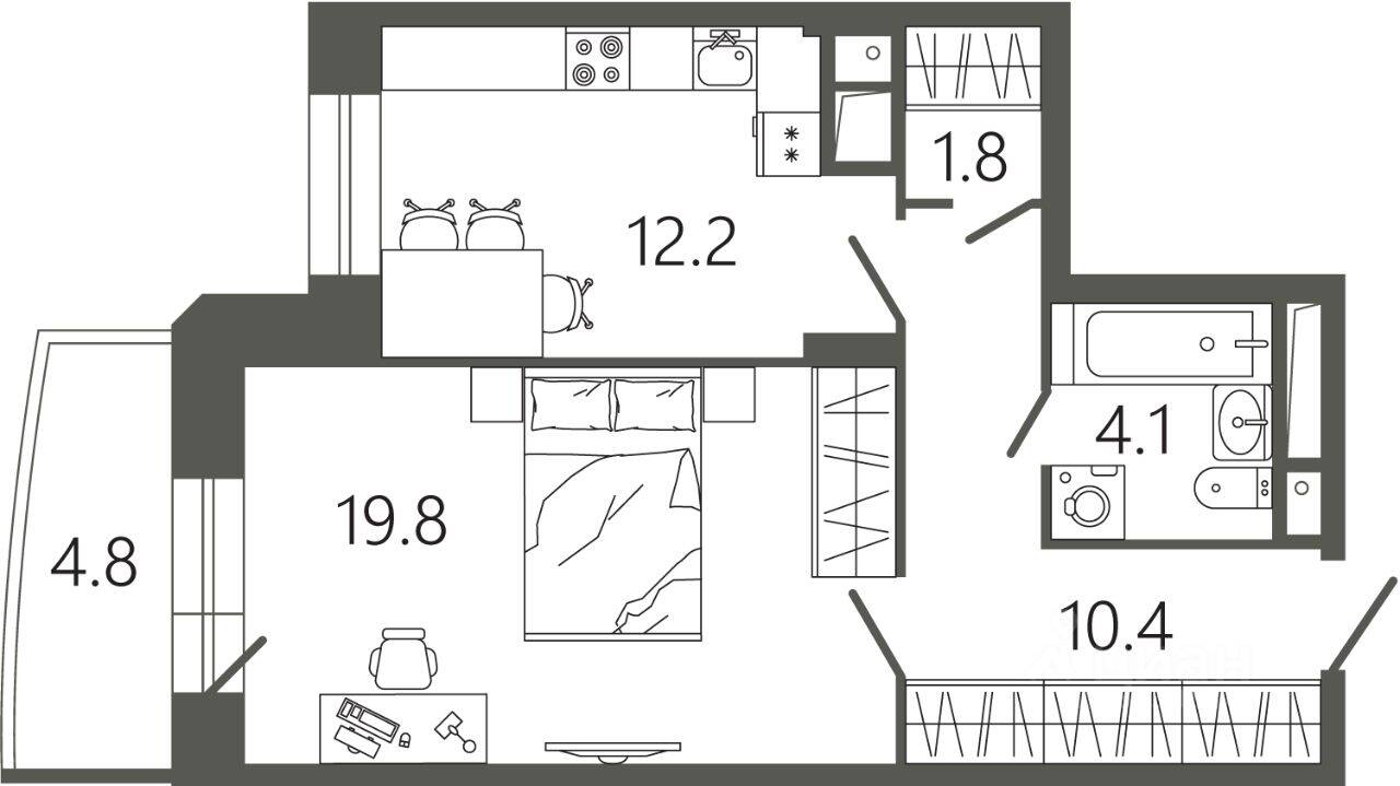 Планировка 1 комнатной квартиры, 49.7 м², в «Советская 18»