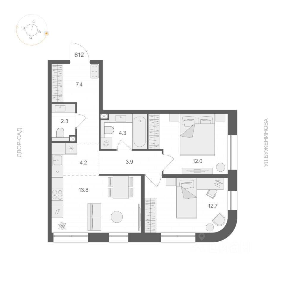 Планировка 2 комнатной квартиры, 60.6 м², в «ARTEL»