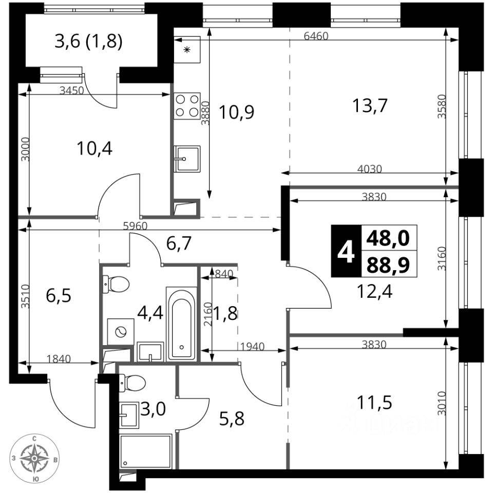 4-комн. квартира, 88,9 м², в ЖК 1-й Саларьевский