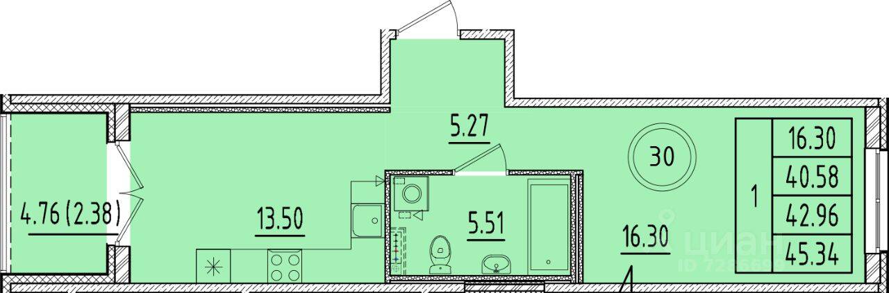 1-комн. квартира, 40,58 м², в Малоэтажный ЖК Образцовый квартал 17