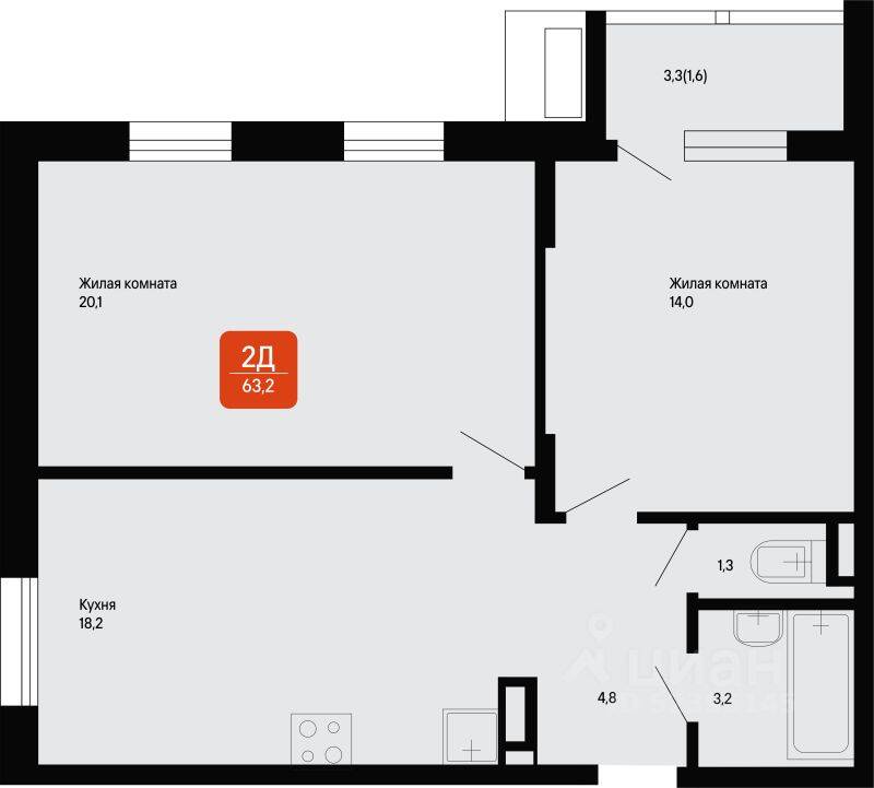 2-комн. квартира, 63,2 м², в Малоэтажный ЖК «Подлипки-Город»