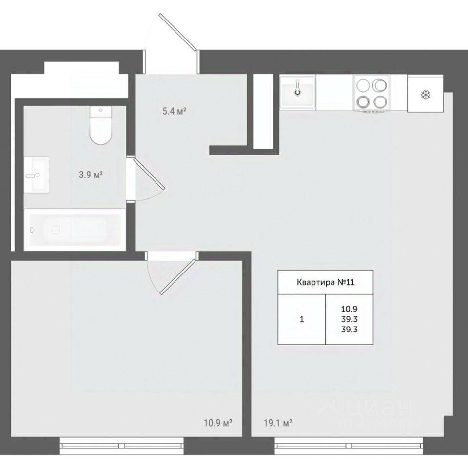 Планировка 1 комнатной квартиры, 39.3 м², в «Яковлево»
