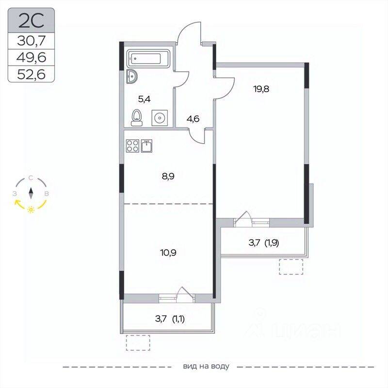 2-комн. квартира, 52,6 м², в ЖК «Пироговская Ривьера»