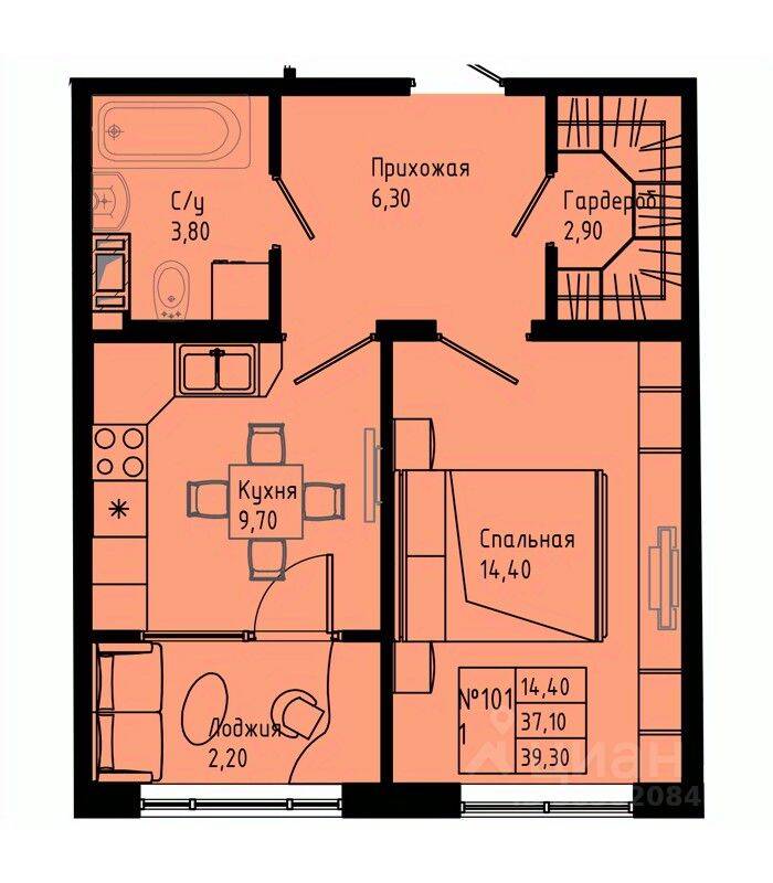 1-комн. квартира, 39,3 м², в ЖК Pixel