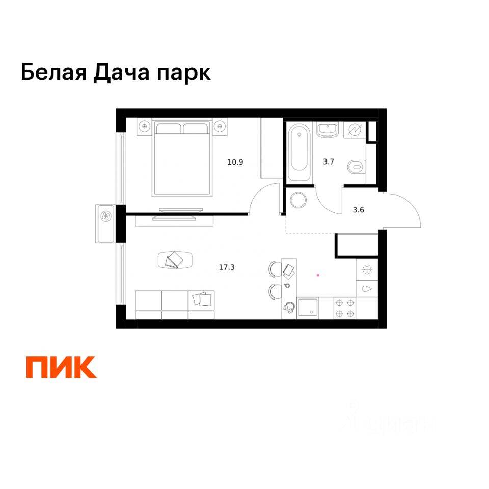 1-комн. квартира, 35,5 м², в ЖК «Белая Дача парк»