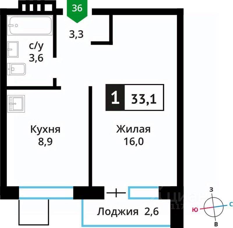 1-комн. квартира, 33,1 м², в ЖК Лесная Отрада