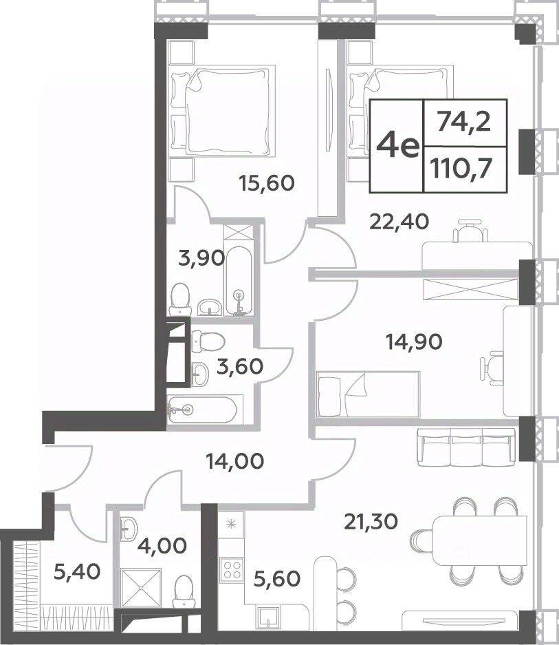 4-комн. квартира, 110,7 м², в ЖК Will Towers