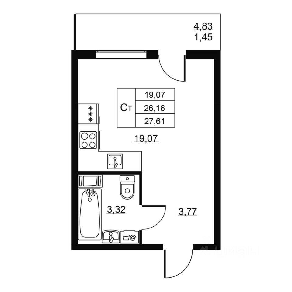 Квартира-студия, 27,61 м², в ЖК Перспектива