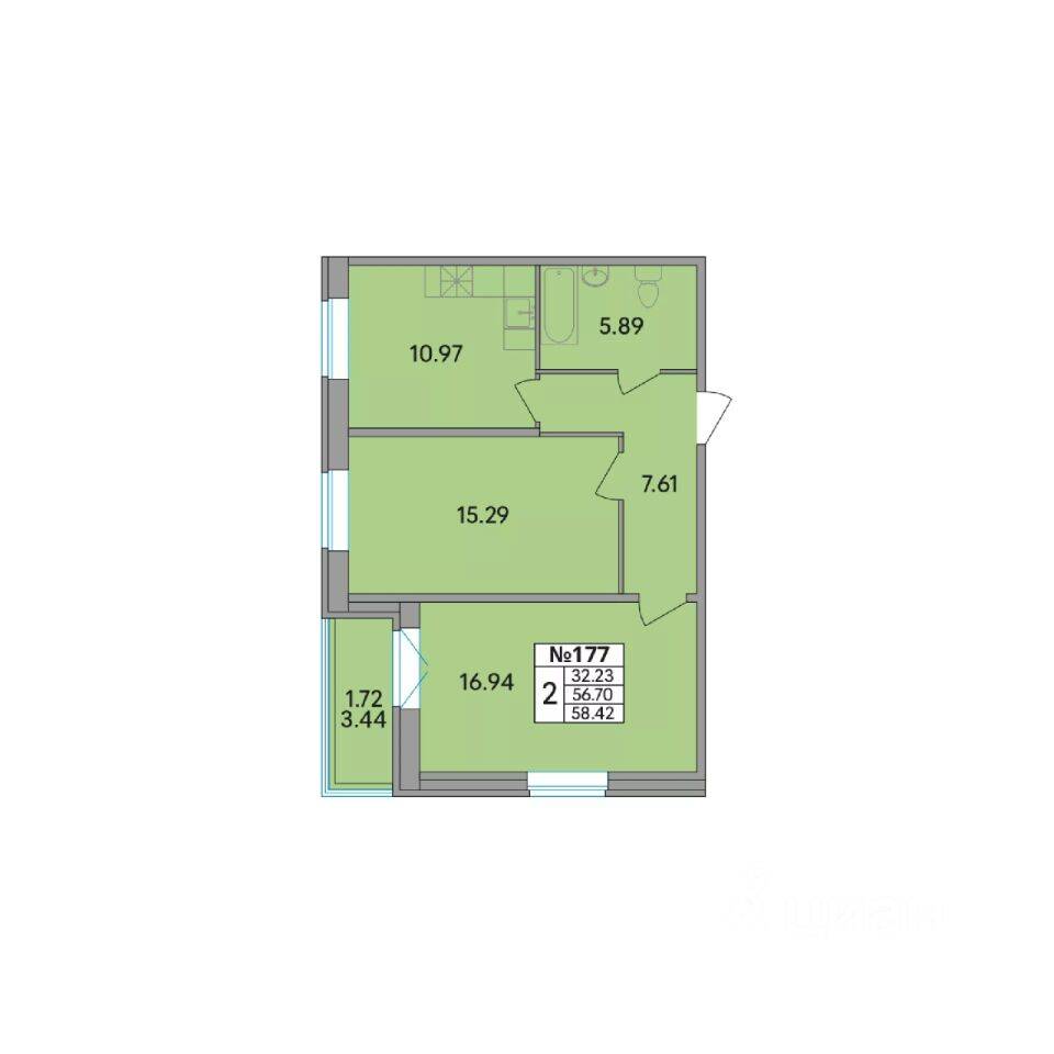 2-комн. квартира, 58,42 м², в ЖК Рождественский квартал