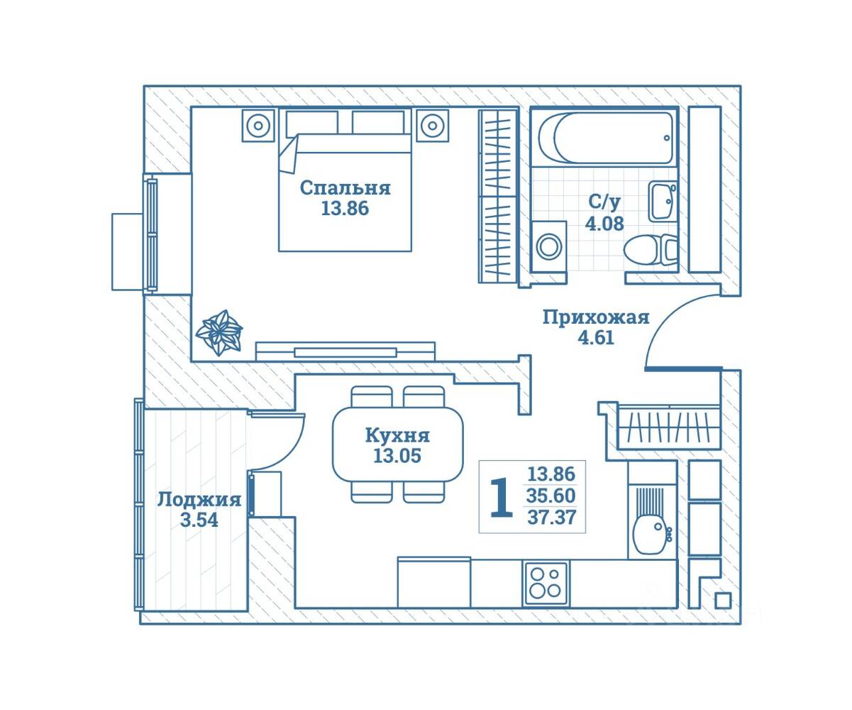 1-комн. квартира, 37,37 м², в ЖК Новоград Монино