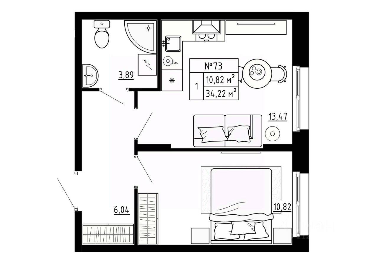 1-комн. квартира, 34,22 м², в Малоэтажный ЖК Аннино Сити