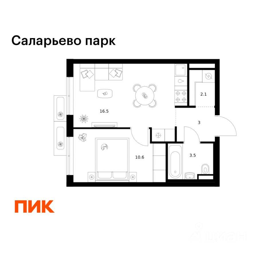 1-комн. квартира, 35,7 м², в ЖК «Саларьево парк»