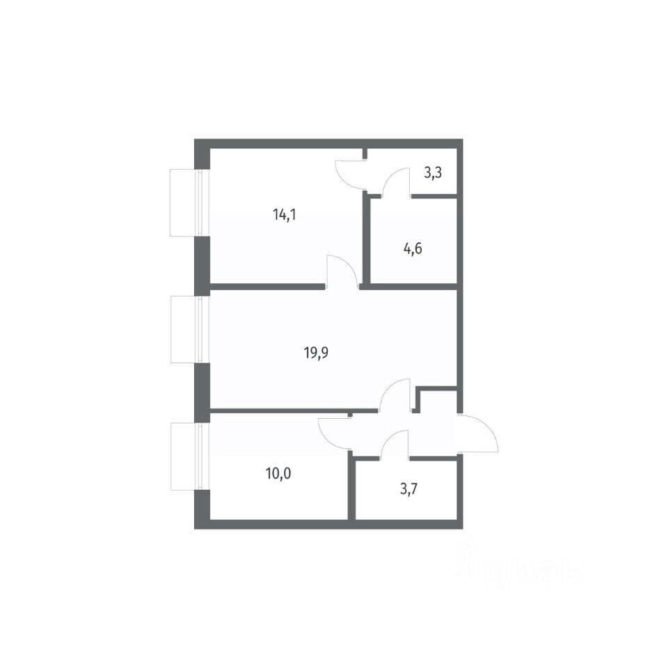 Планировка 2 комнатной квартиры, 59.3 м², в «Парусная 1»