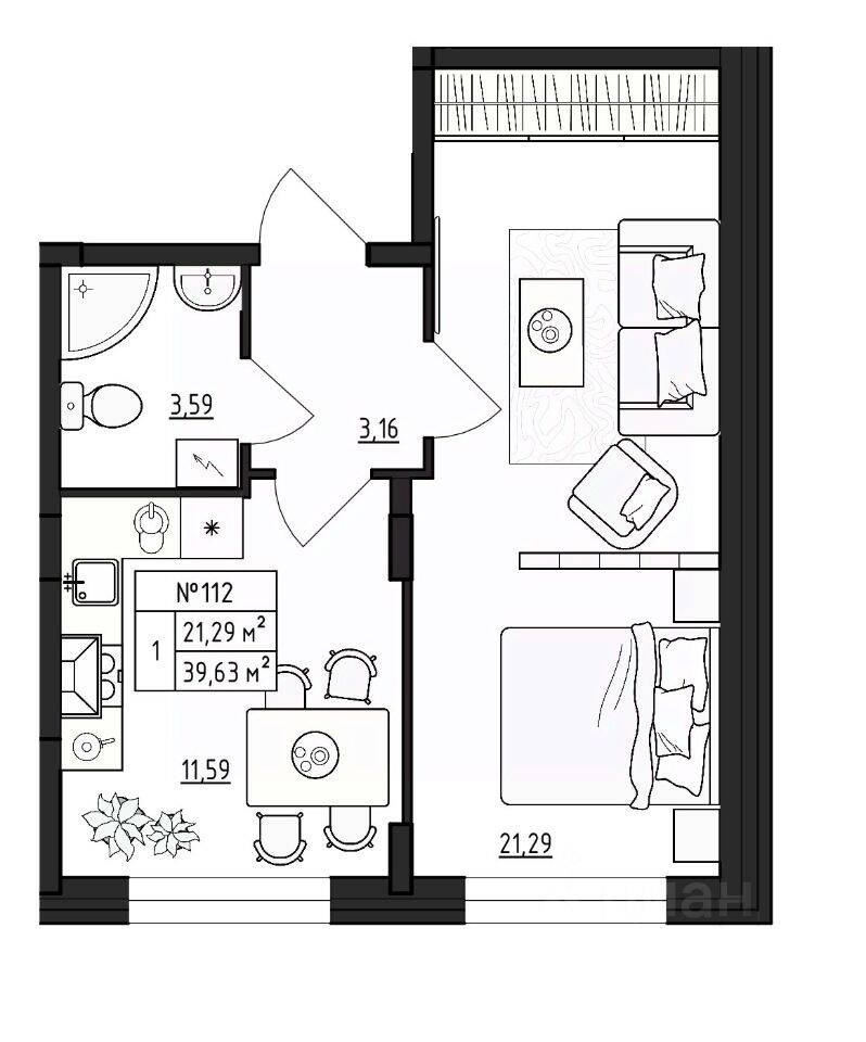 1-комн. квартира, 39,63 м², в Малоэтажный ЖК Верево-Сити