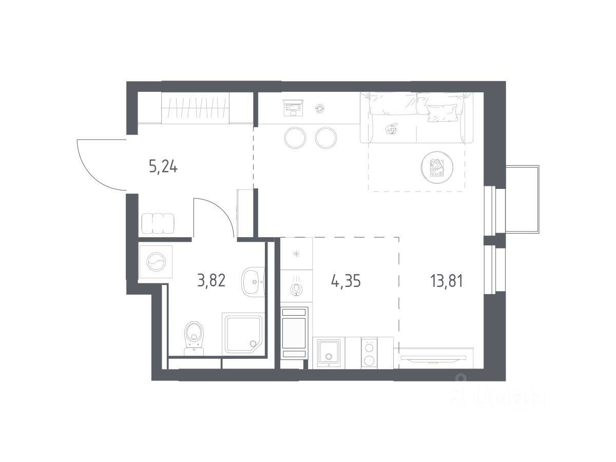 Планировка 1 комнатной квартиры, 27.22 м², в «Большое Путилково»