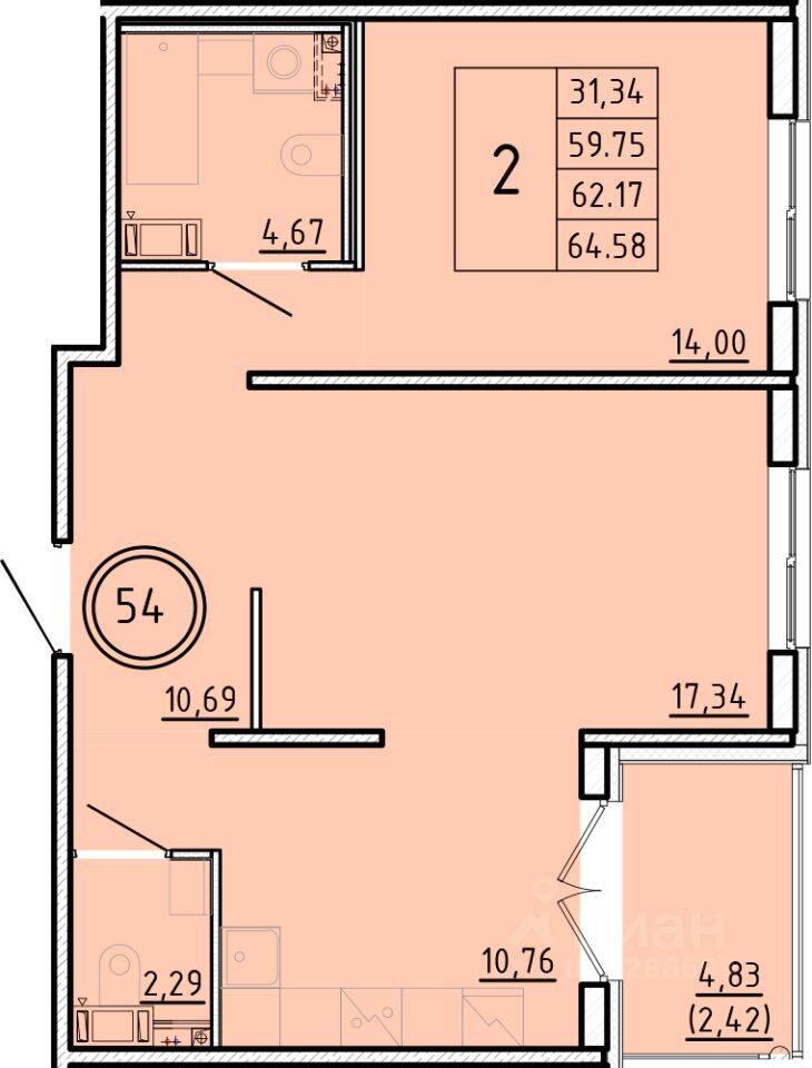 2-комн. квартира, 59,75 м², в Малоэтажный ЖК Образцовый квартал 16