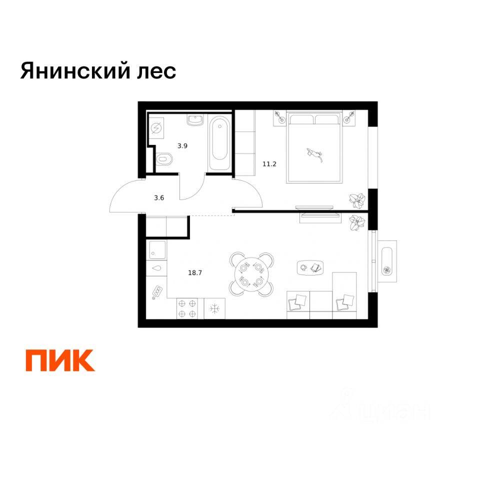 1-комн. квартира, 37,4 м², в ЖК Янинский лес