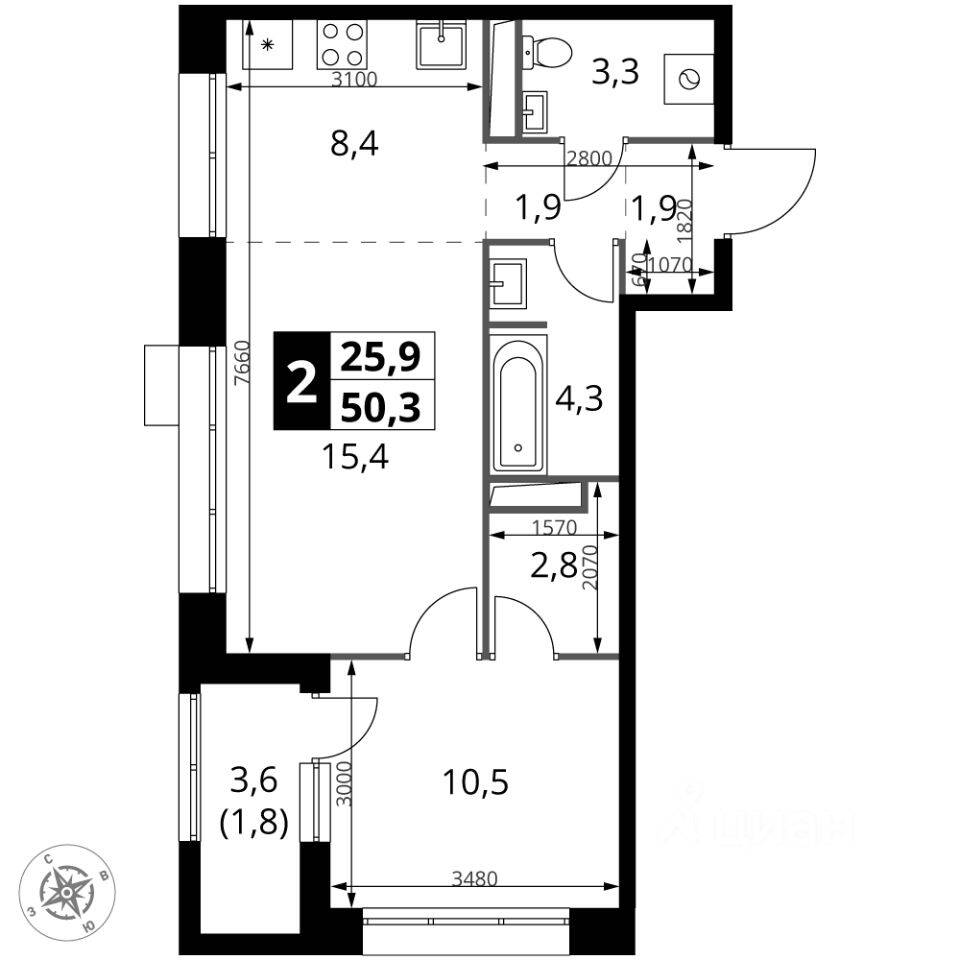 2-комн. квартира, 50,3 м², в ЖК 1-й Саларьевский