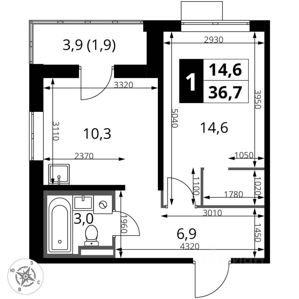 1-комн. квартира, 36,7 м², в ЖК 1-й Донской