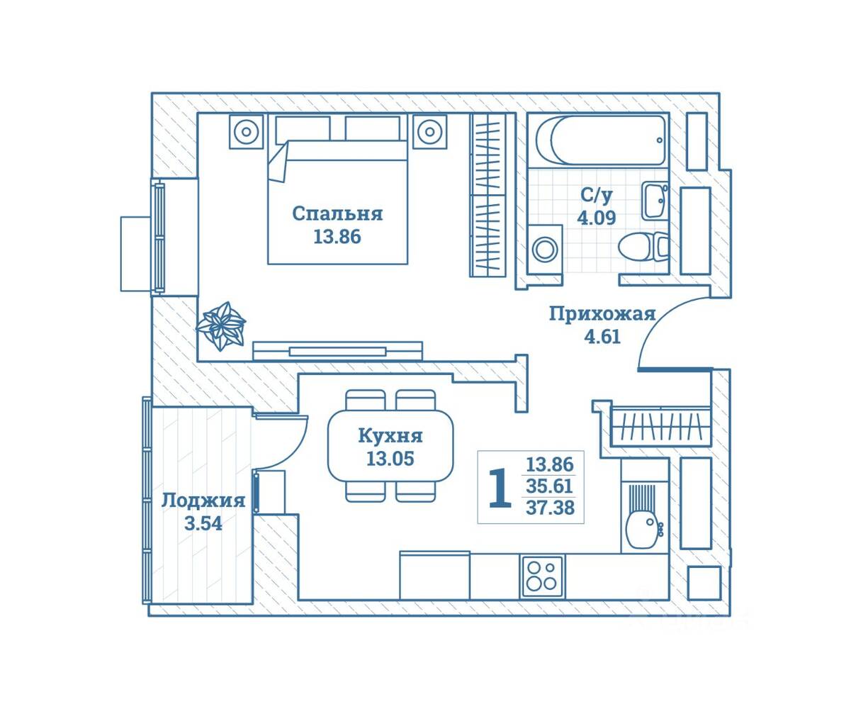 1-комн. квартира, 37,38 м², в ЖК Новоград Монино