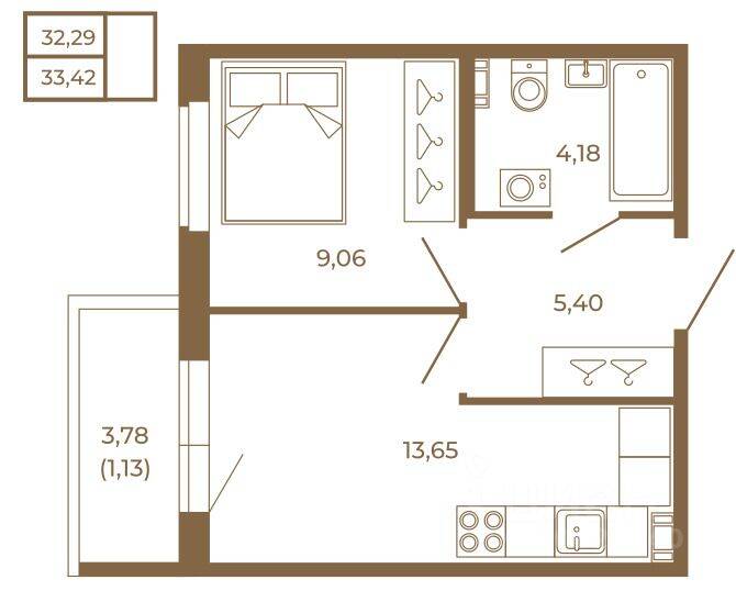 Планировка 1 комнатной квартиры, 33.42 м², в «Новая история»