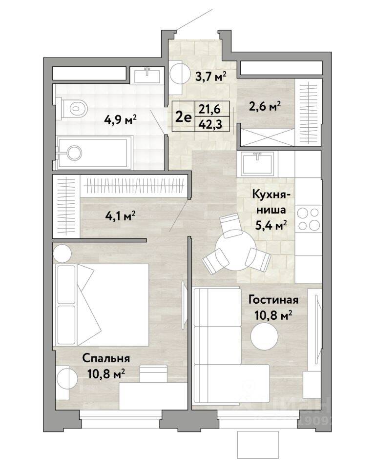 2-комн. квартира, 42,3 м², в ЖК Новые смыслы