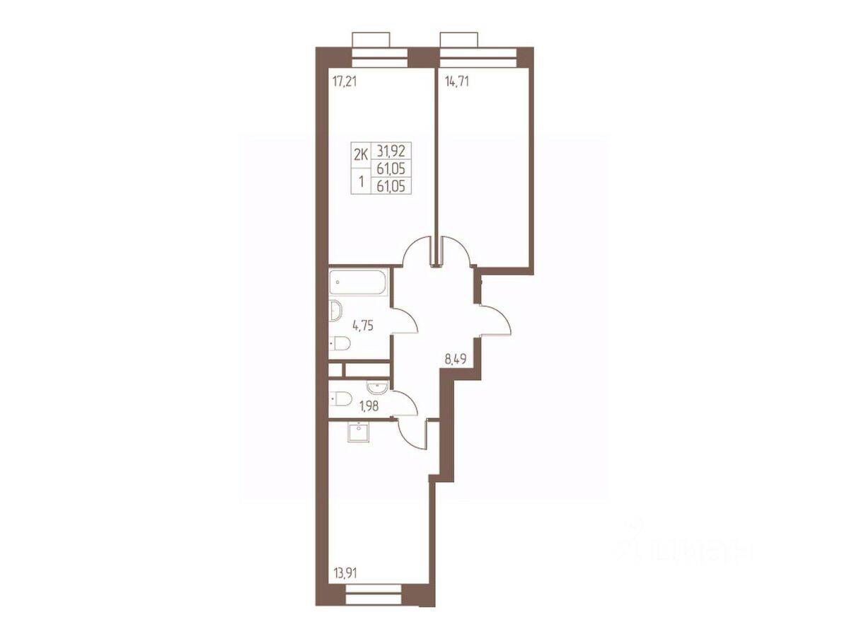 2-комн. квартира, 61,1 м², в ЖК Западная Ивантеевка
