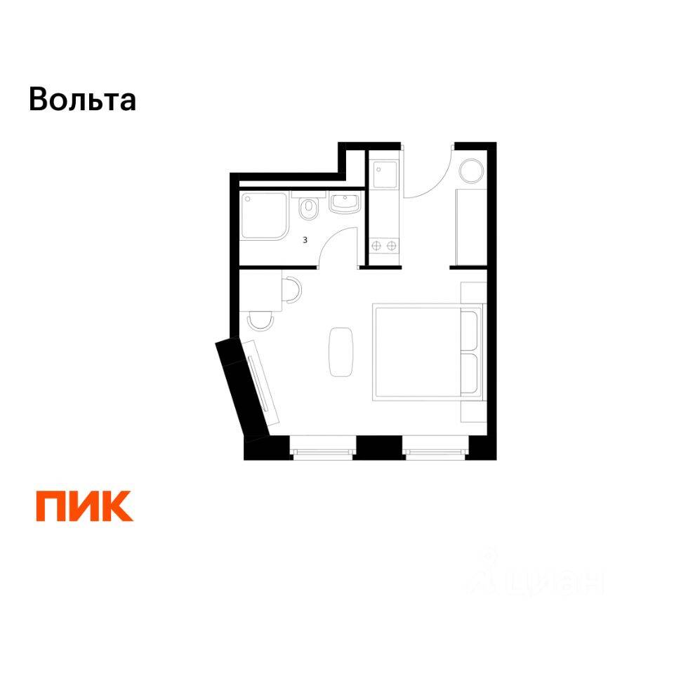 Квартира-студия, 21,5 м², в Апарт-комплекс Вольта