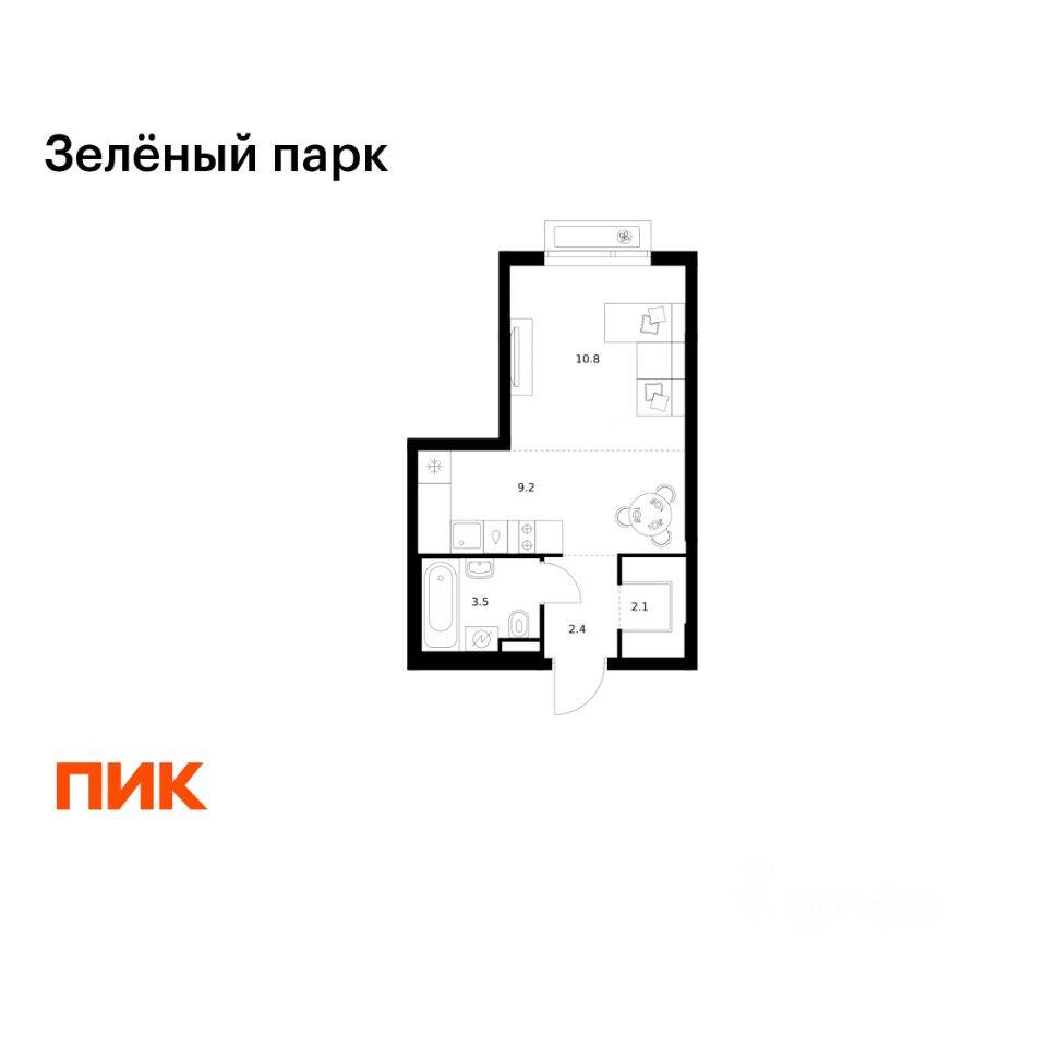 Планировка 1 комнатной квартиры, 28 м², в «Зеленый парк»