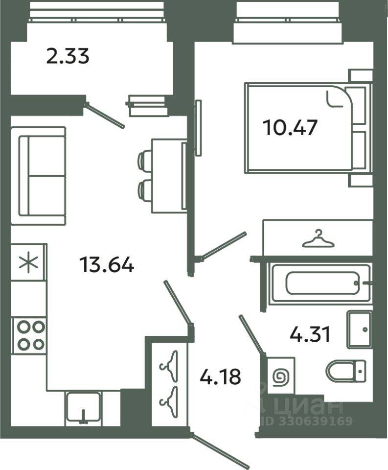 1-комн. квартира, 32,6 м², в ЖК Загляденье