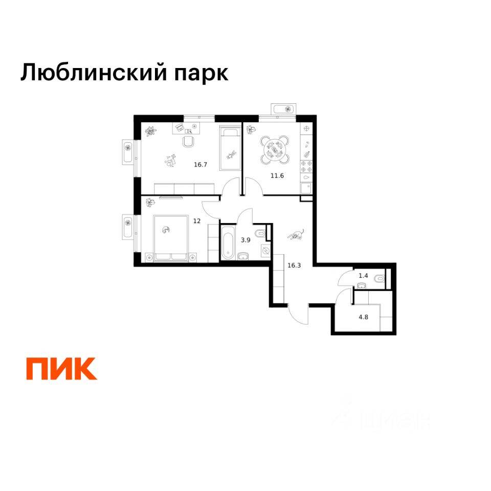 2-комн. квартира, 66,7 м², в ЖК «Люблинский парк»