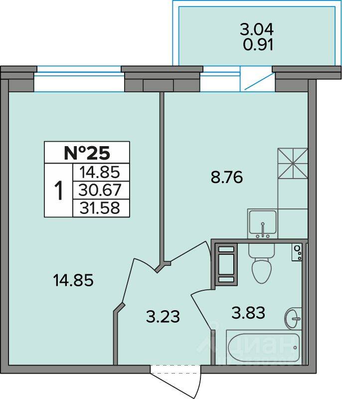 1-комн. квартира, 31,77 м², в ЖК Смарт