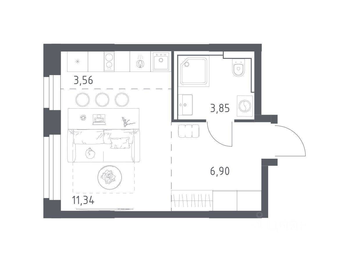 Планировка 1 комнатной квартиры, 25.65 м², в «Квартал Строгино»