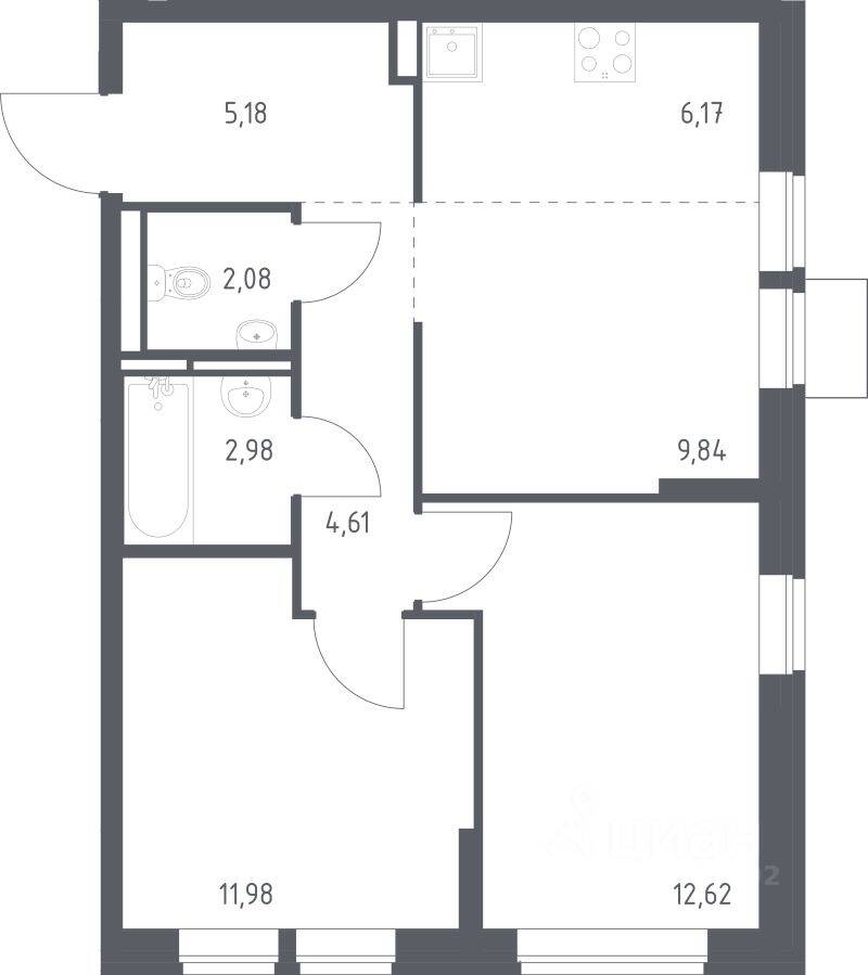 2-комн. квартира, 55,46 м², в ЖК Богдановский Лес