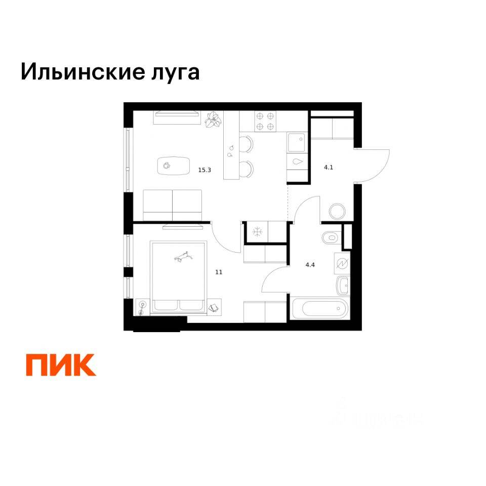 1-комн. квартира, 34,8 м², в ЖК «Ильинские луга»