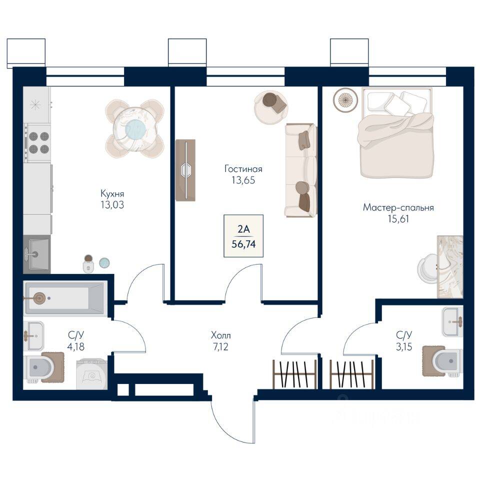 Планировка 2 комнатной квартиры, 56.74 м², в «Бархат»