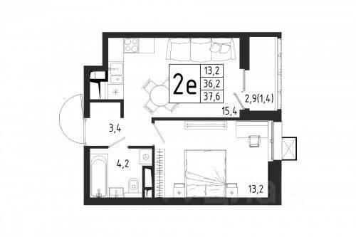1-комн. квартира, 37,6 м², в ЖК «Берег»
