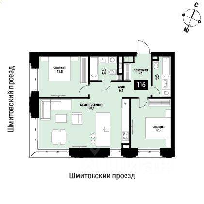 2-комн. квартира, 76,3 м², в ЖК Шелепиха