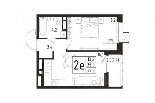 1-комн. квартира, 38,3 м², в ЖК «Берег»