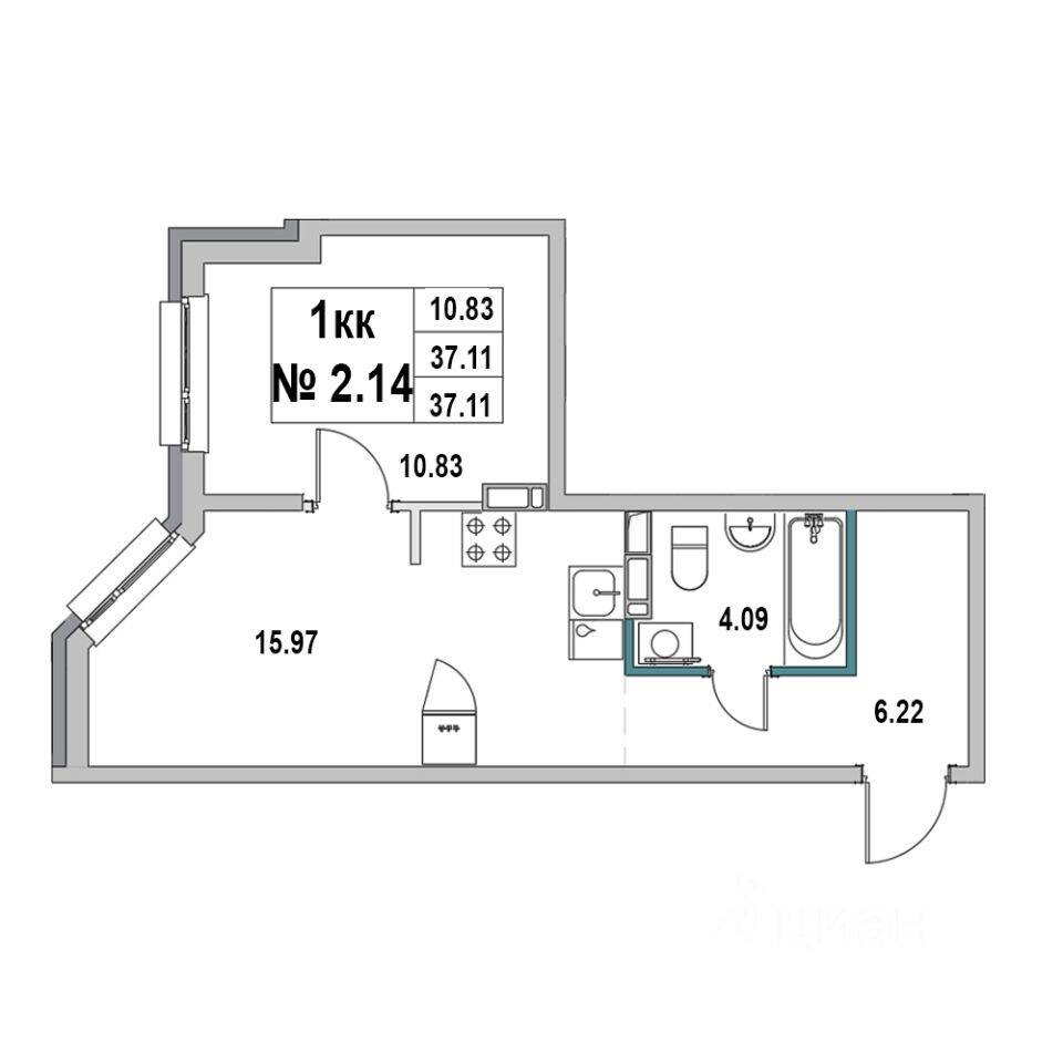1-комн. квартира, 37,11 м², в ЖК «Новый город» (Выборг)