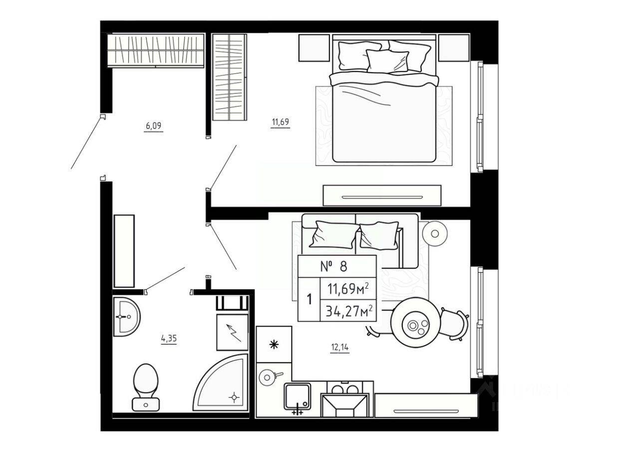 1-комн. квартира, 34,27 м², в Малоэтажный ЖК Аннино Сити