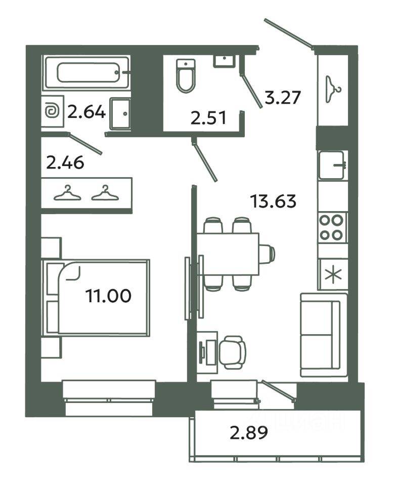 1-комн. квартира, 35,51 м², в ЖК Загляденье