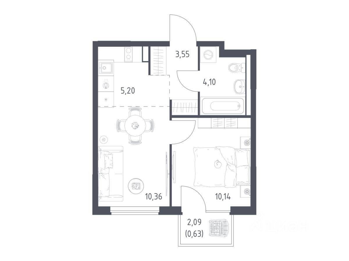 1-комн. квартира, 33,98 м², в ЖК Горки Парк