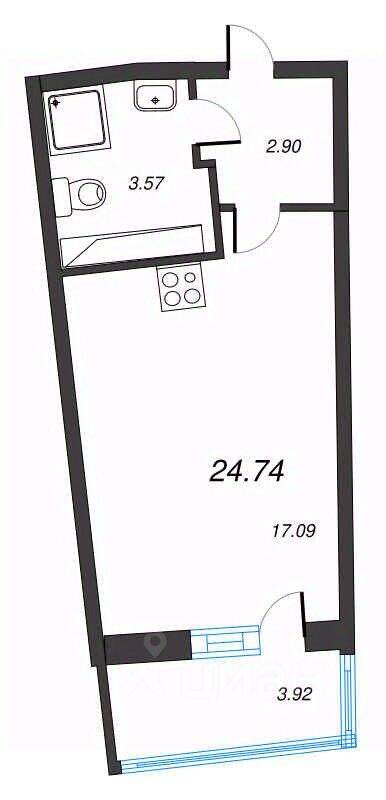 Планировка 1 комнатной квартиры, 24.74 м², в «Левитан»