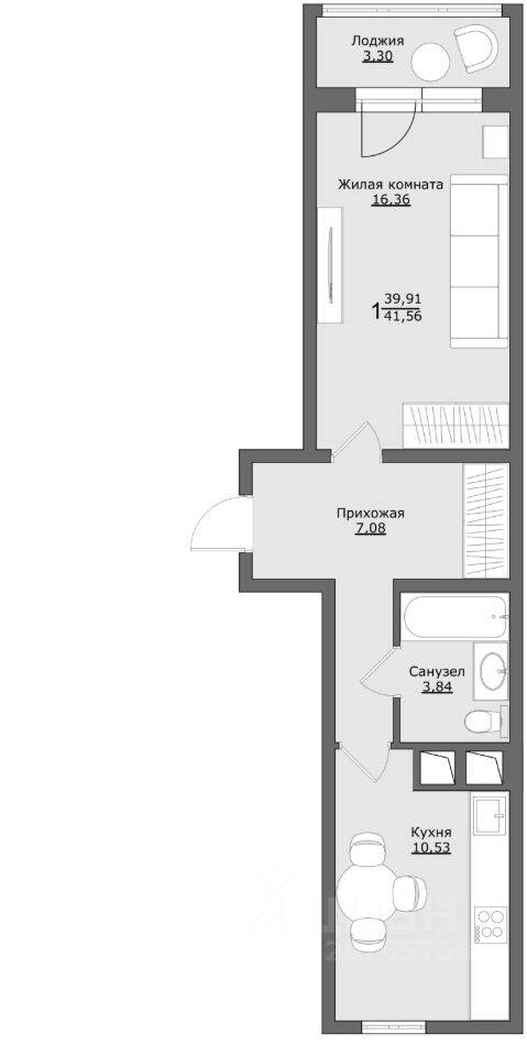 Планировка 1 комнатной квартиры, 41.56 м², в «Клевер»