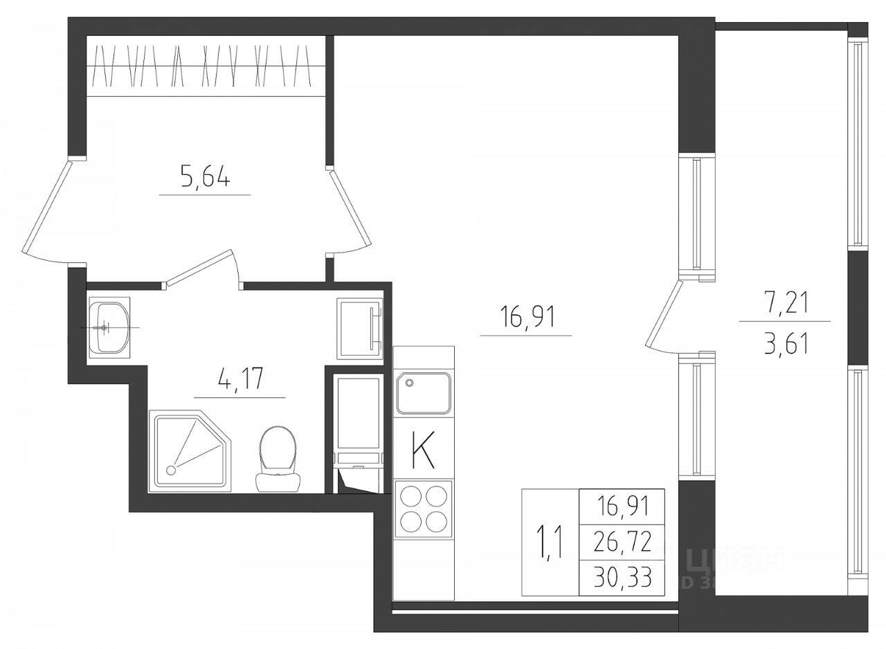 Планировка 1 комнатной квартиры, 30.33 м², в «Новикола»