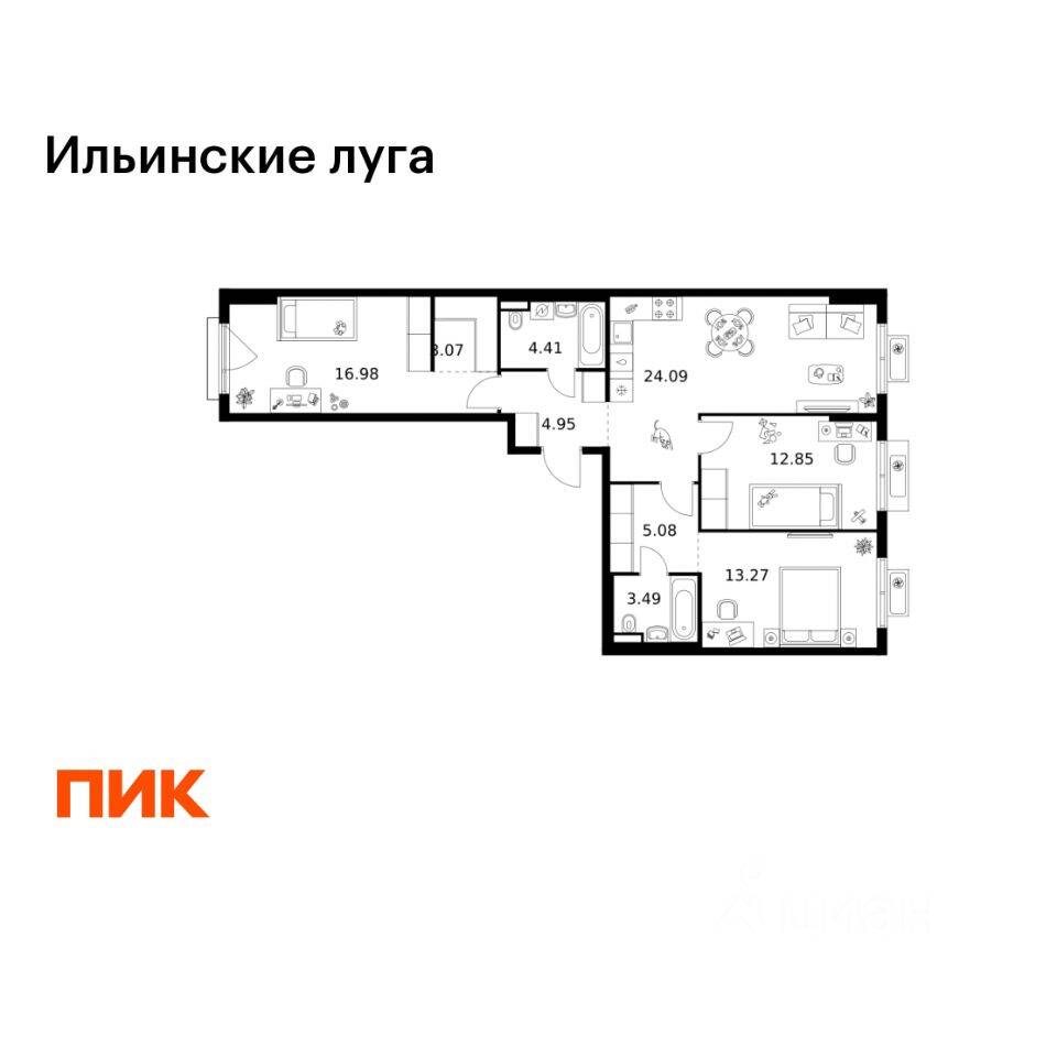 3-комн. квартира, 88,19 м², в ЖК «Ильинские луга»