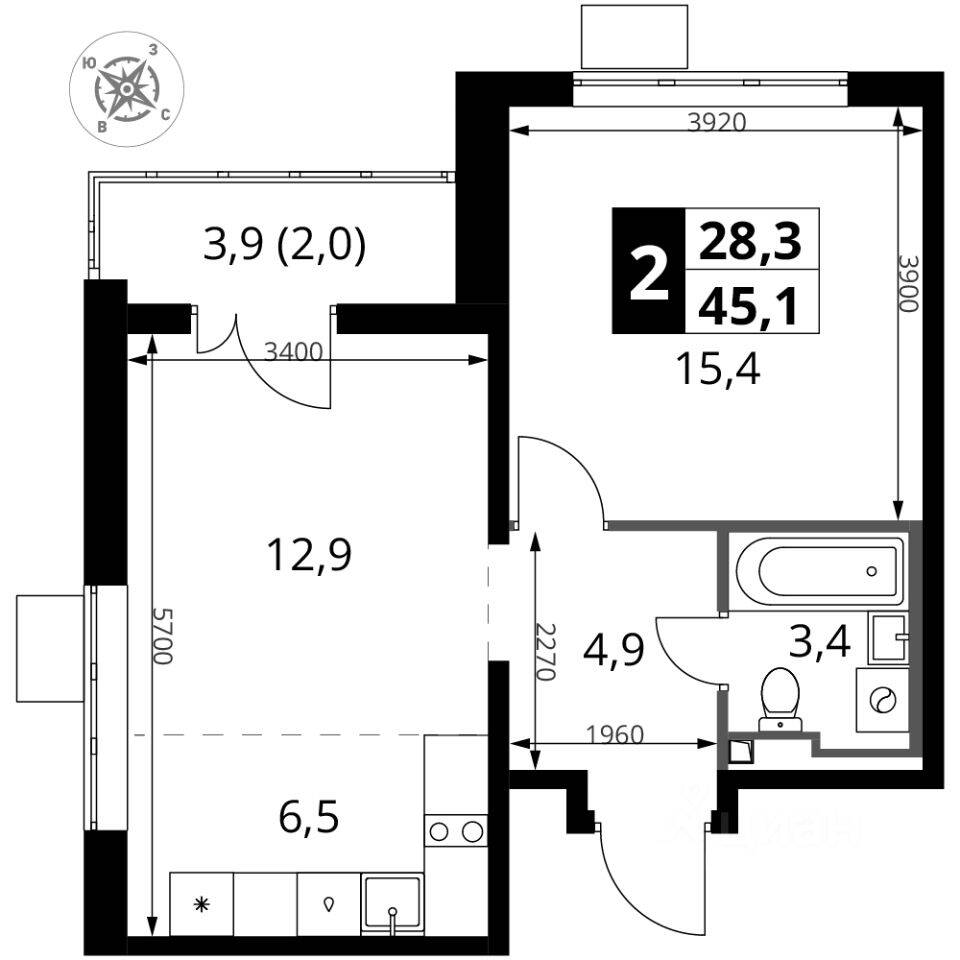 2-комн. квартира, 45 м², в ЖК 1-й Донской