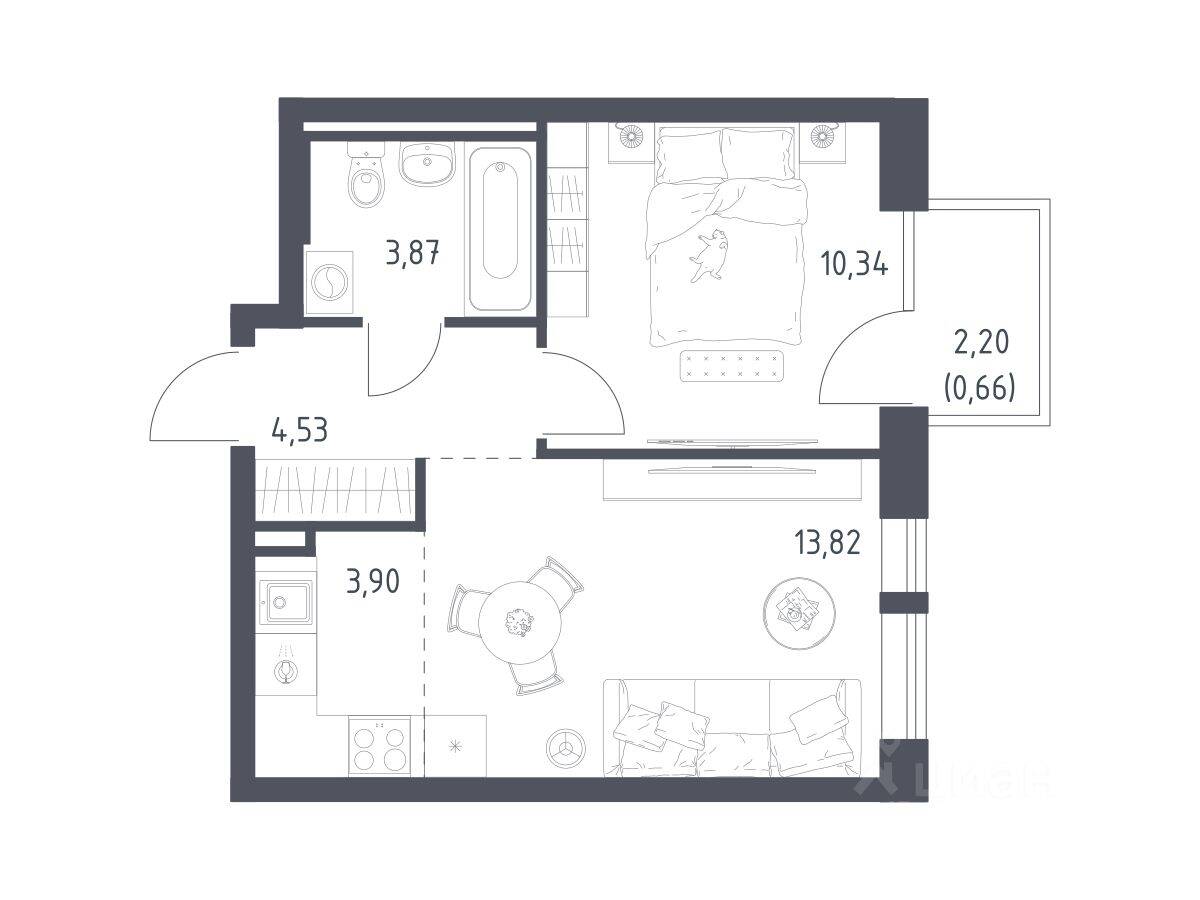 1-комн. квартира, 37,12 м², в ЖК Квартал Авиаторов