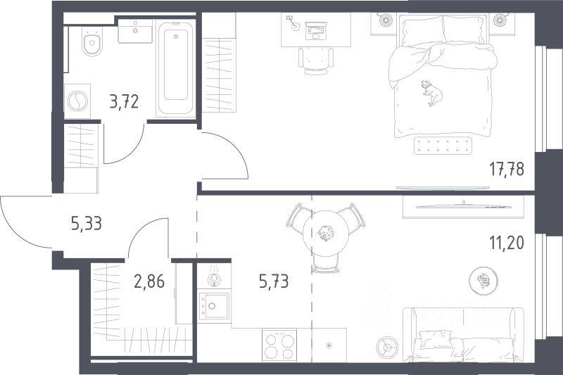 1-комн. квартира, 46,62 м², в ЖК Заречье Парк